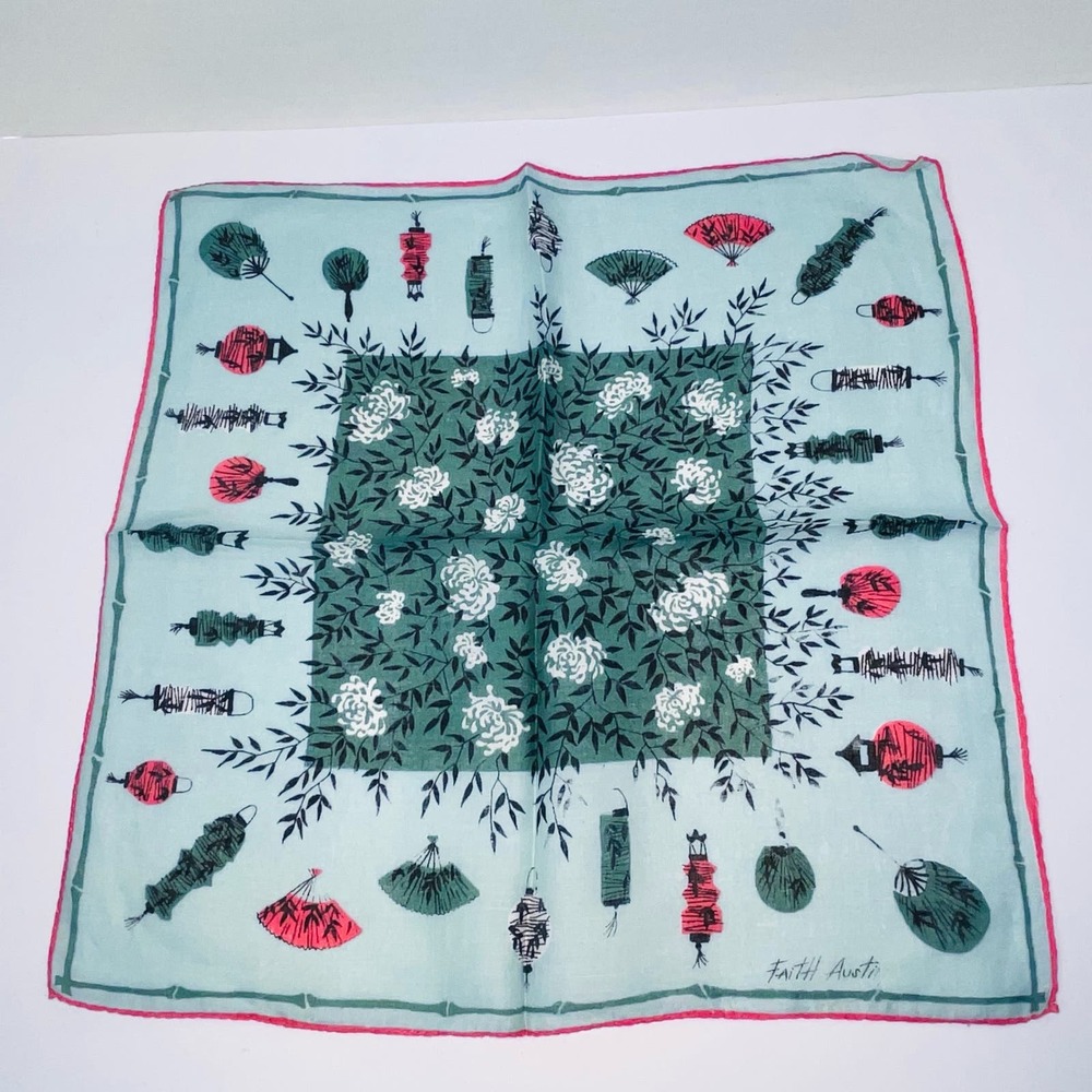 Faith Austin Handkerchief Fan Oriental Lantern Asian Green Pink Vintage Hankie